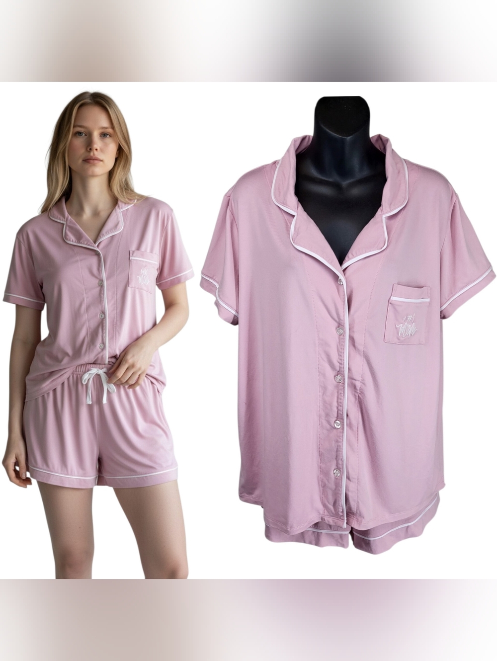 Born #1 Mom Pajama Set Pink Short Sleeve Button Up Shirt & Shorts 2 Pc Lounge XL